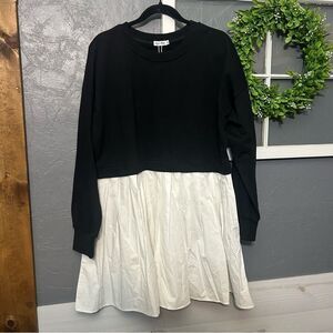 Black and White Long Sleeve two layered crewneck Dress medium NWT
